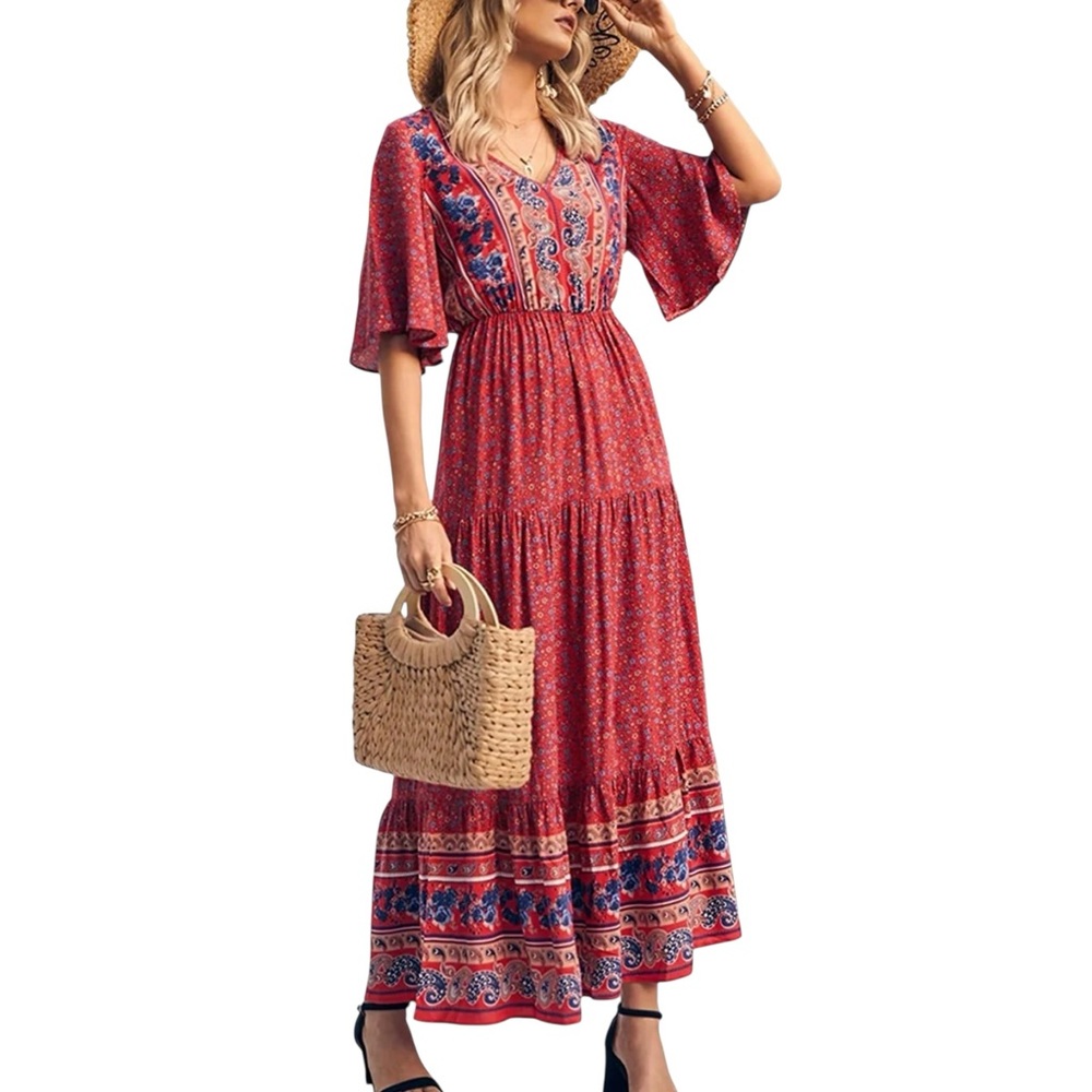 Anna-Kaci Boho Flared Short Sleeve Paisley Maxi Dress Size Medium